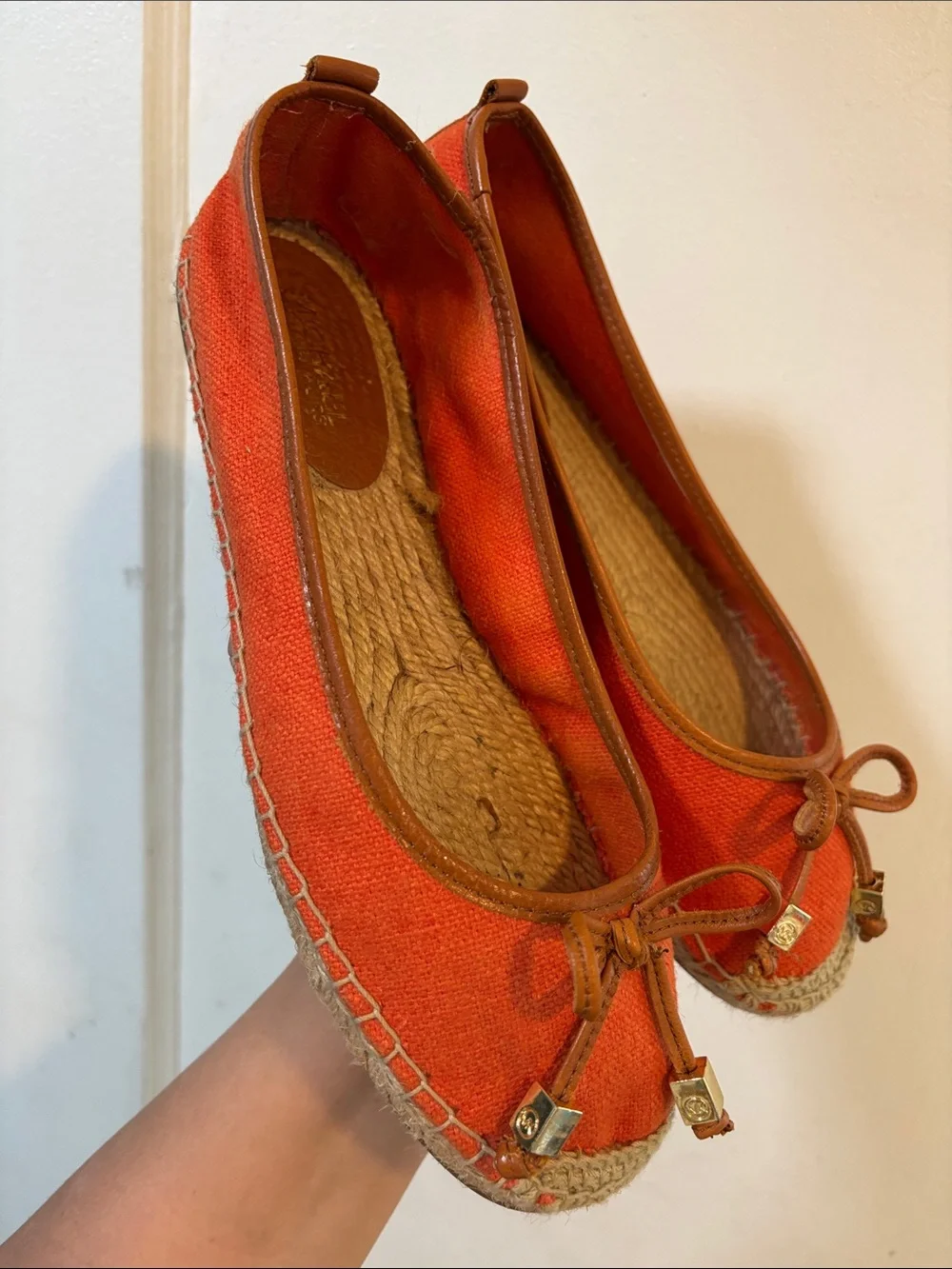 Michael Kors Orange Canvas Espadrille Ballet Flats with Leather Trim